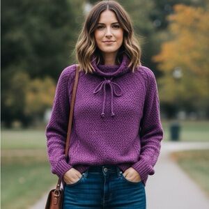 Funnel Neck Cable Knit Sweater Purple Ribbed , Cotton Country, Parkhurst size S